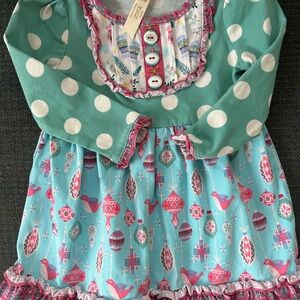 Teal Polka Dot and Bird Print Dress